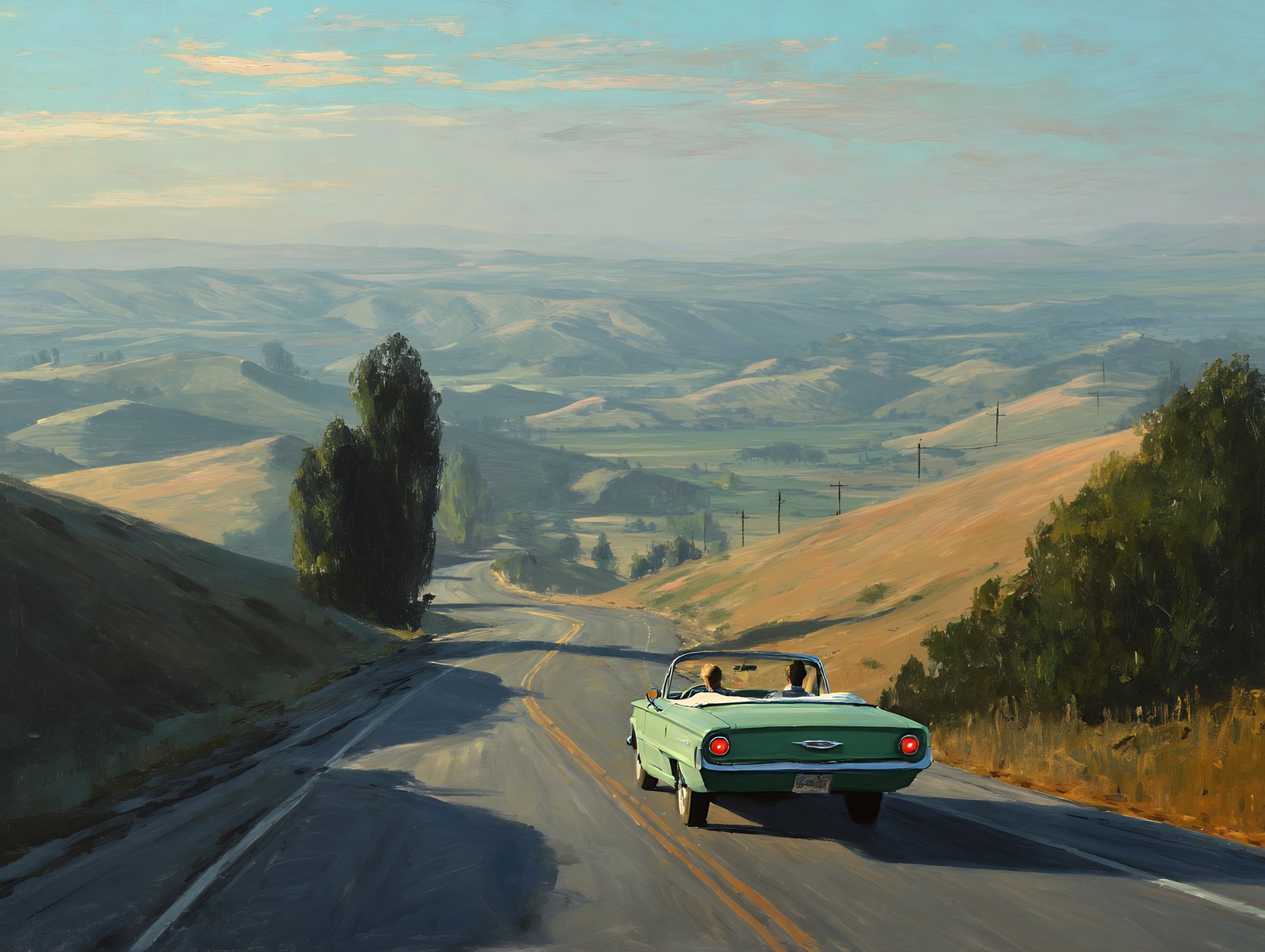A couple driving a convertible through golden hills at sunset